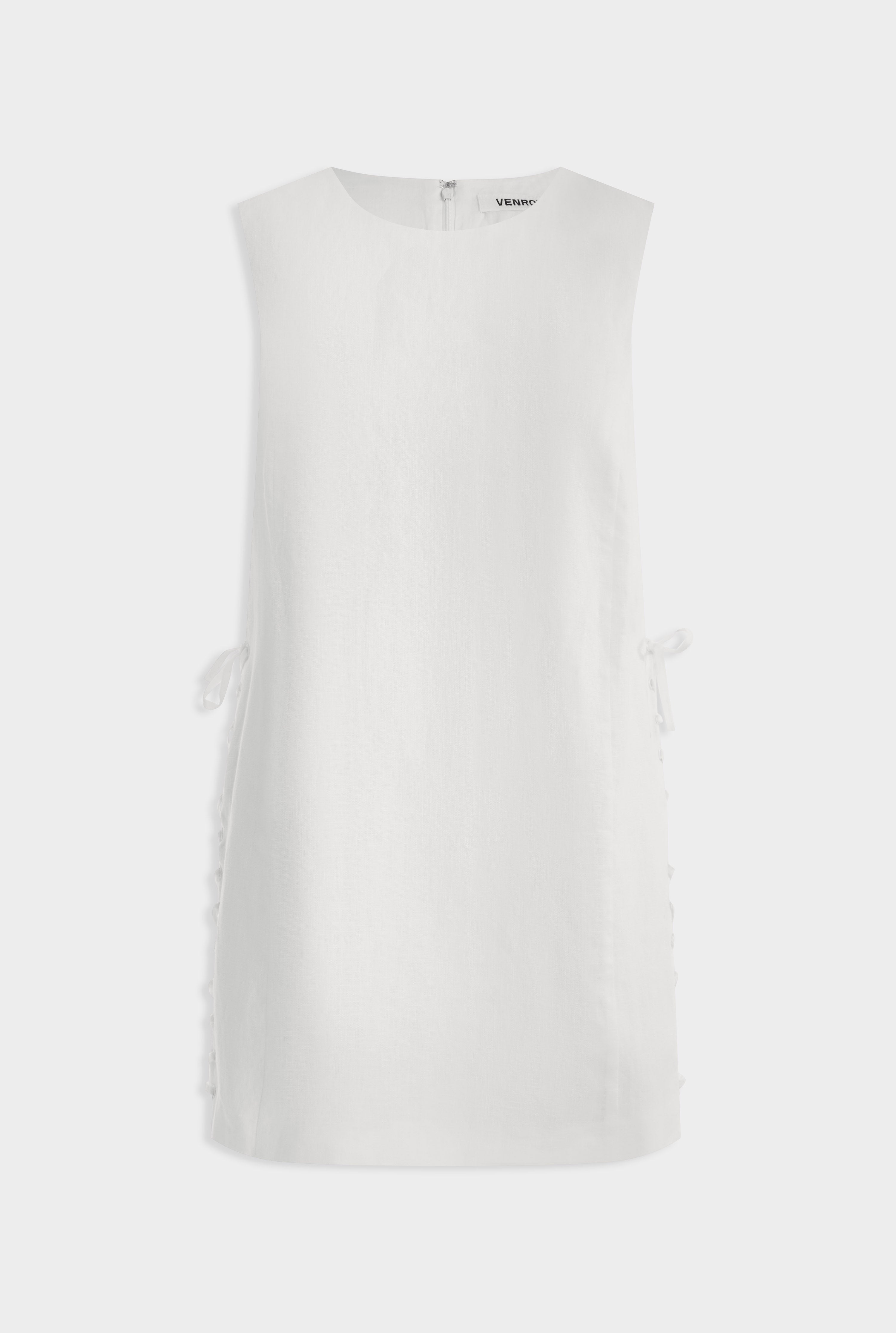 Linen Lace Up Mini Dress - White