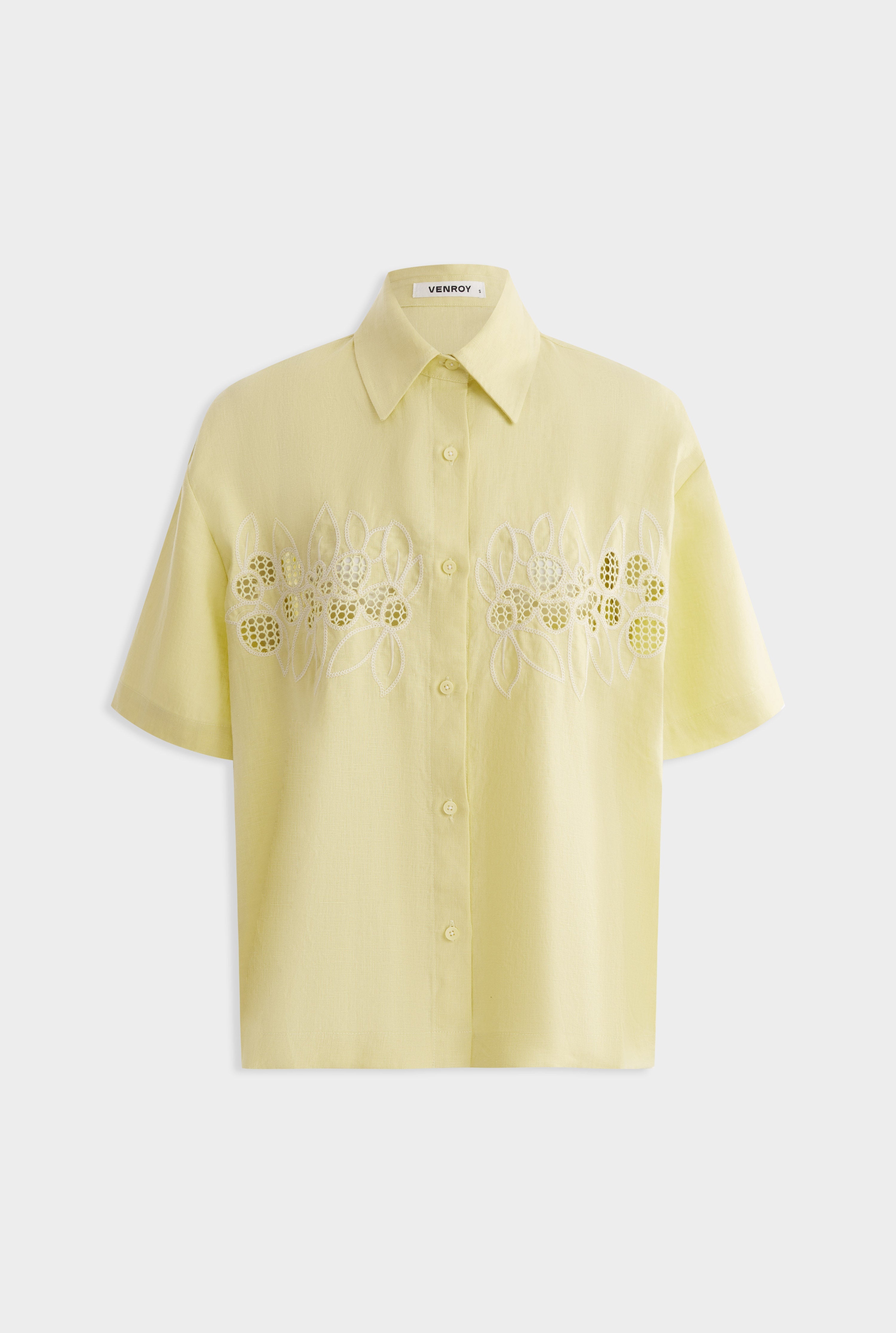 Linen Relaxed Embroidered Short Sleeve Shirt - Lemongrass