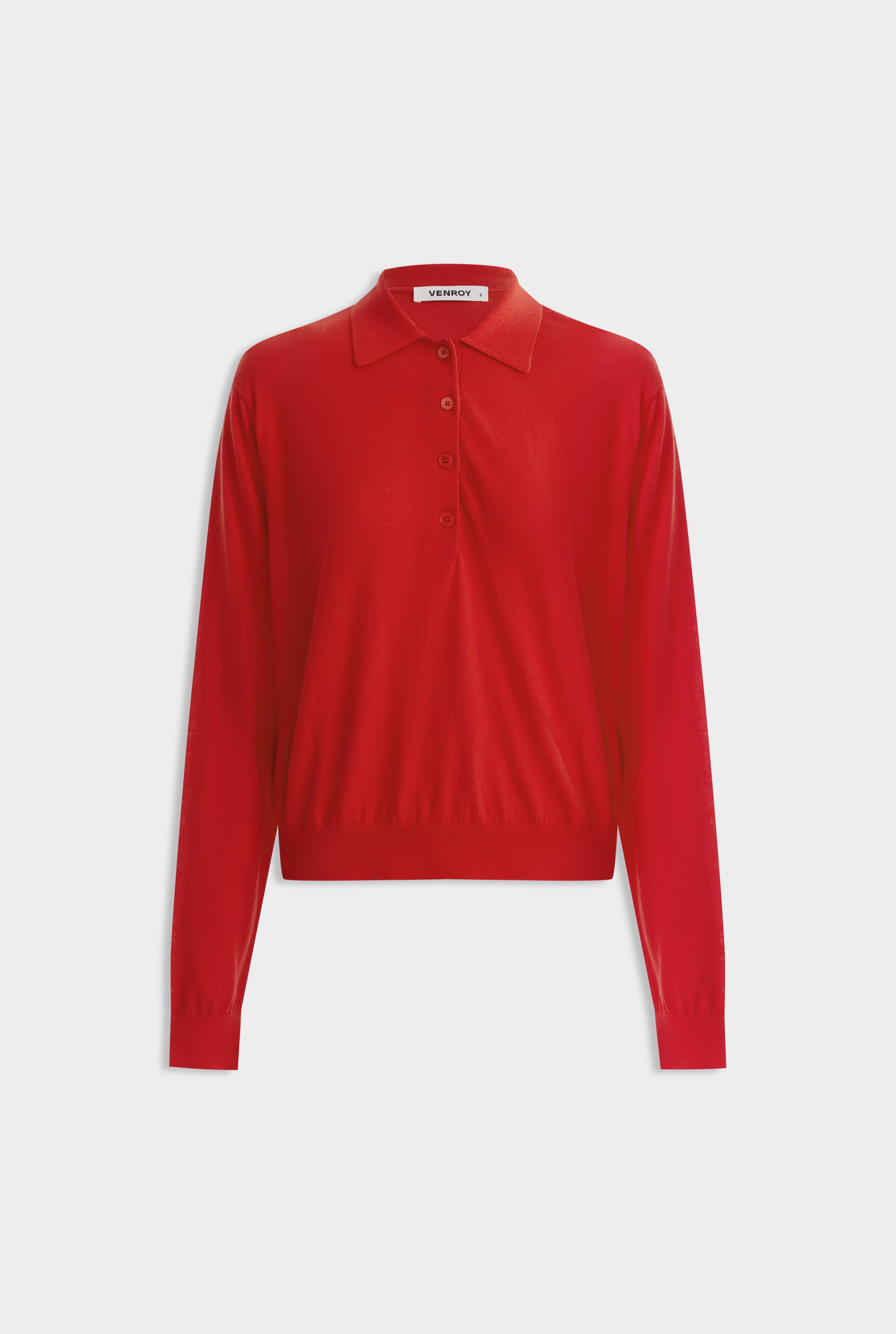 Relaxed Long Sleeve Cotton Knit Polo - Red