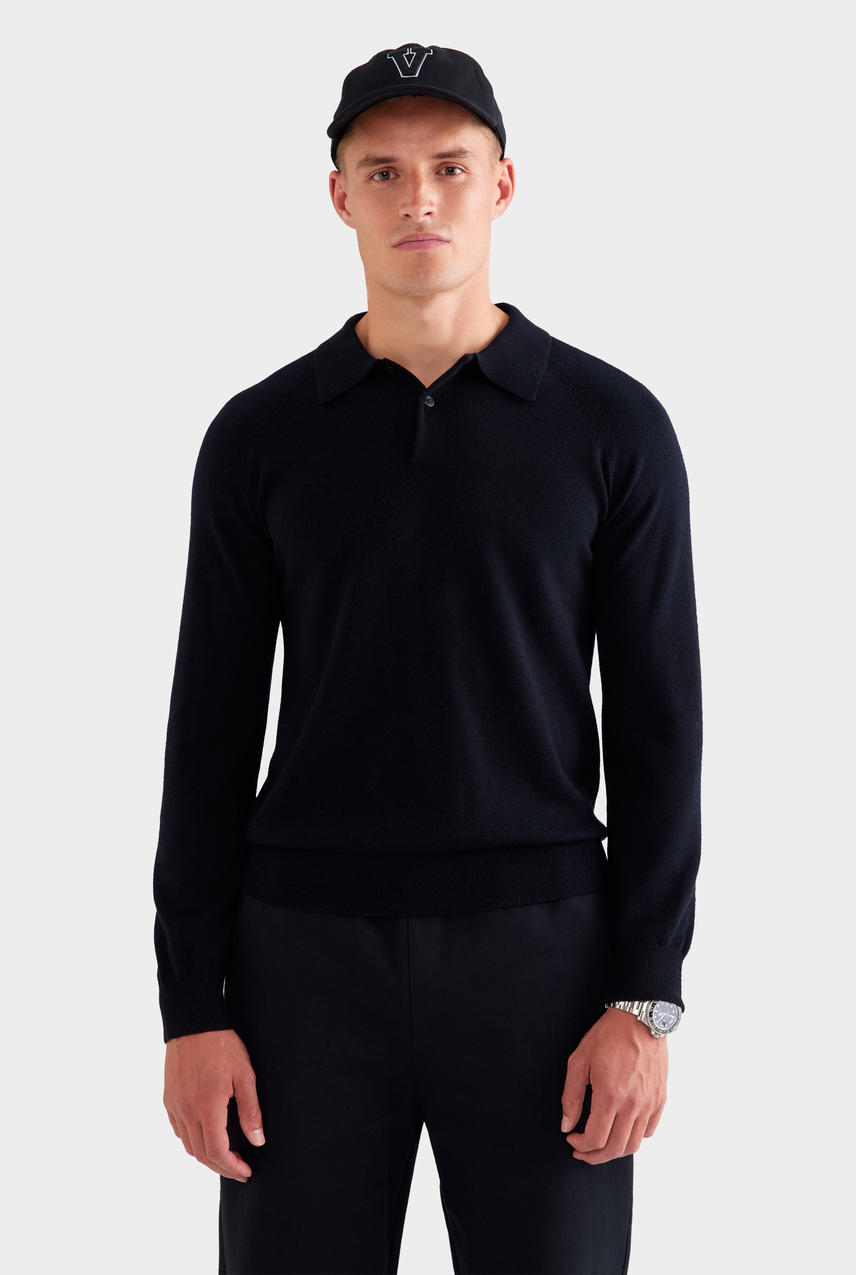 Merino Wool Knit Polo - Black