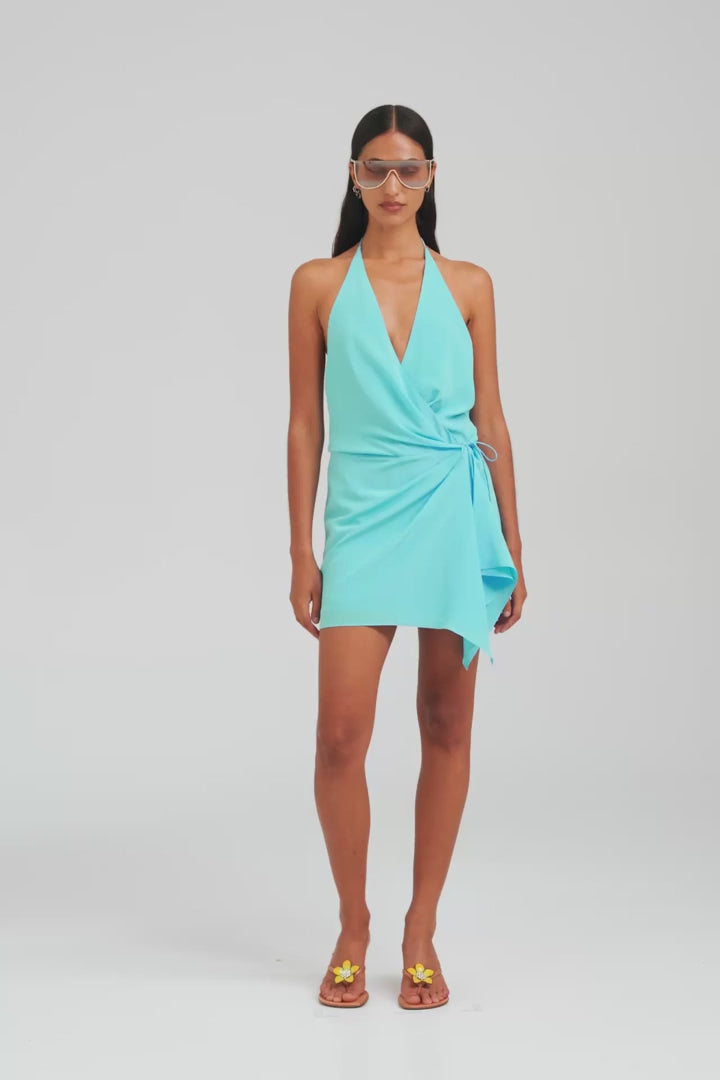 Silk Wrap Mini Dress - Aquarius [[AU_MEDIA:gid://shopify/Video/27767334666327]]