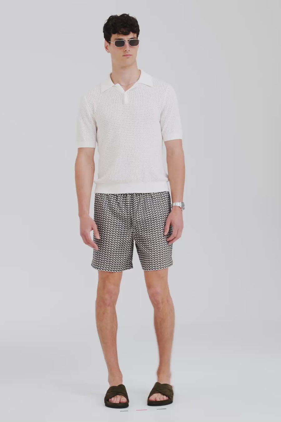 Venroy Boucle Open Knit Polo - Off White