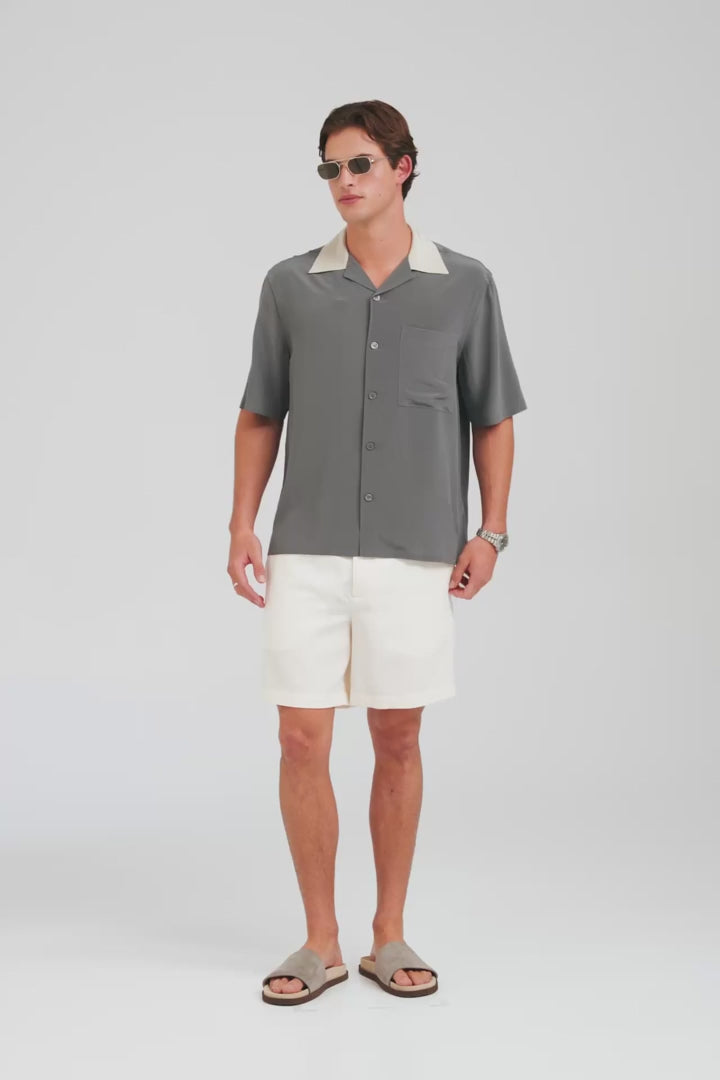 Short Sleeve Silk Camp Collar Shirt - Navy/Stone [[AU_MEDIA:gid://shopify/Video/27767473209431]]