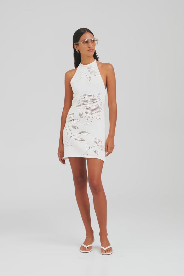 Floral Pointelle Cotton Knit Mini Dress - Off White [[AU_MEDIA:gid://shopify/Video/27767353770071]]