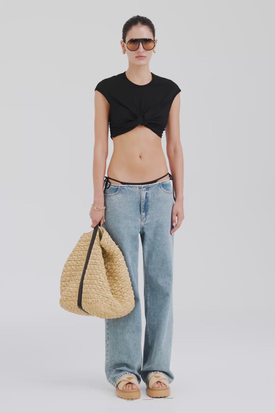 Venroy Jersey Knotted Cropped Tee - Black