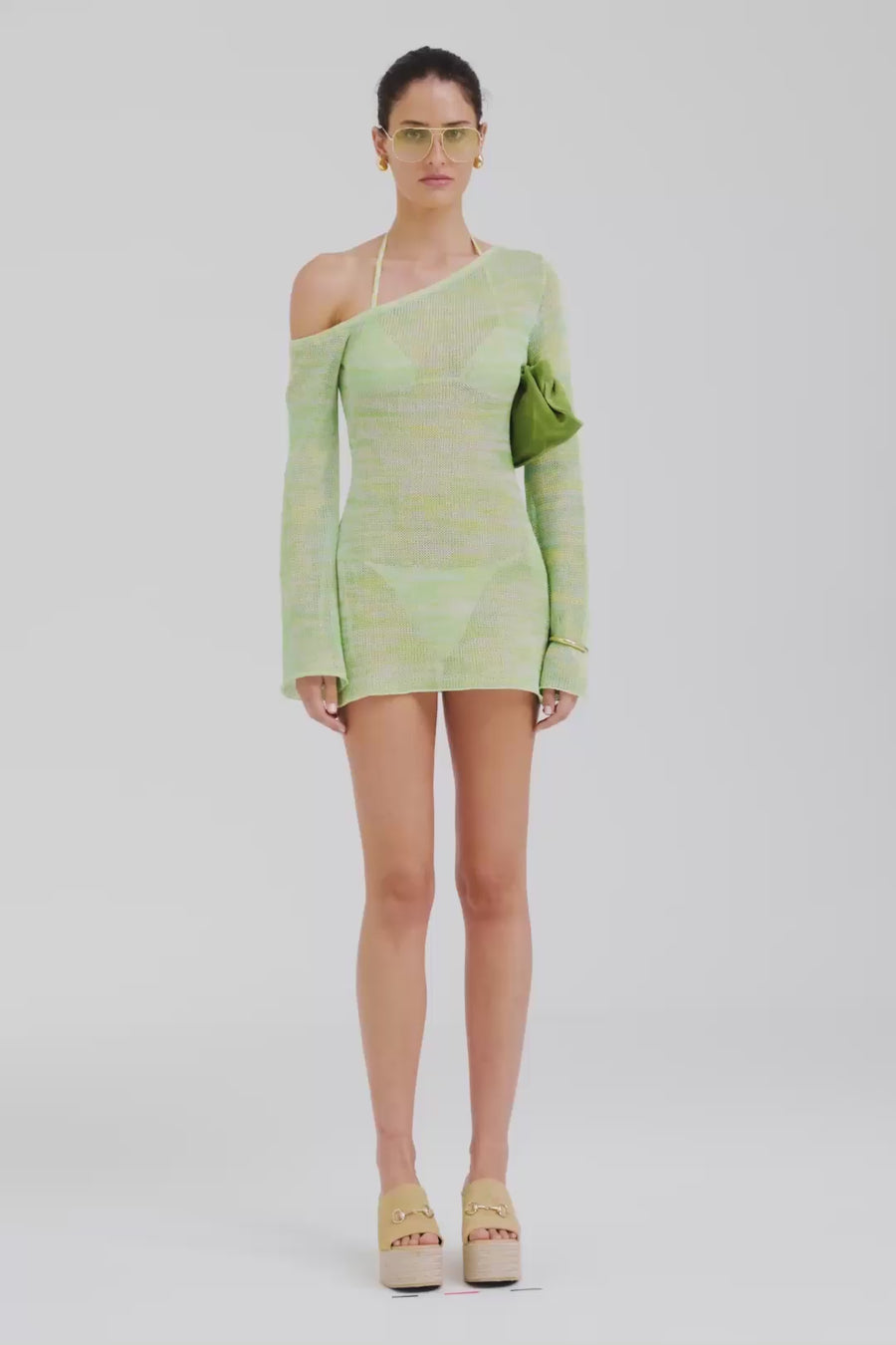 Venroy One Shoulder Open Knit Mini Dress - Green/Blue Marl