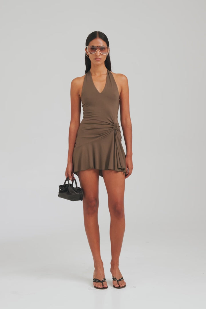 Jersey Handkerchief Halter Mini Dress - Dark Olive [[AU_MEDIA:gid://shopify/Video/27965544562775]]