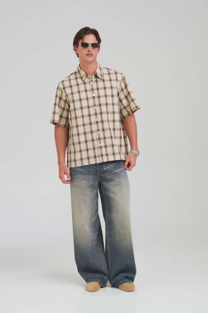 Oversized Check Short Sleeve Shirt - Beige Check [[AU_MEDIA:gid://shopify/Video/27965333078103]]