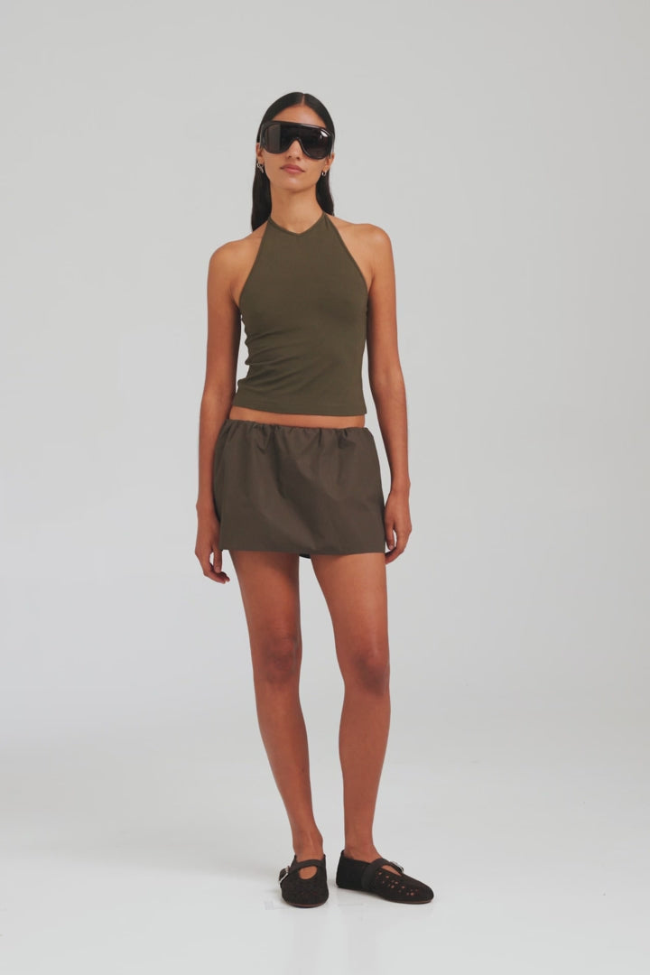 High V Neck Halter Tank - Dark Olive [[AU_MEDIA:gid://shopify/Video/27963879030871]]