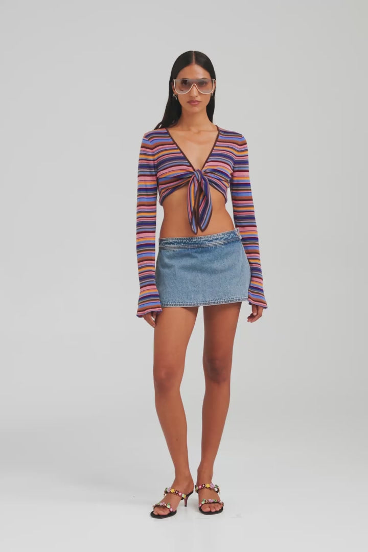 Cropped Long Sleeve Tie Knit Top - Multi Stripe [[AU_MEDIA:gid://shopify/Video/27965520478295]]