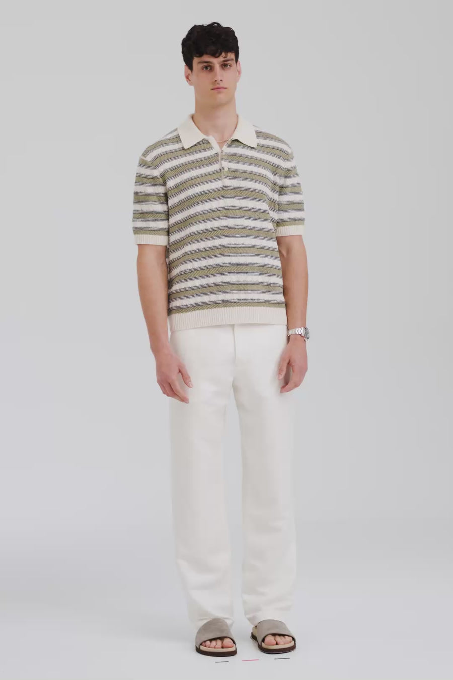 Venroy Textured Cotton Linen Knit Polo - Natural/Dark Blue/Sage Stripe