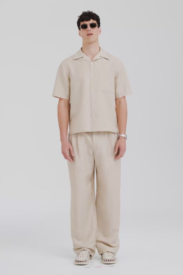 Venroy Wool Linen Camp Collar Shirt - Stone