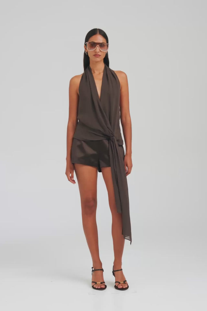 Silk Belted Draped Top - Cacao [[AU_MEDIA:gid://shopify/Video/27767356391511]]