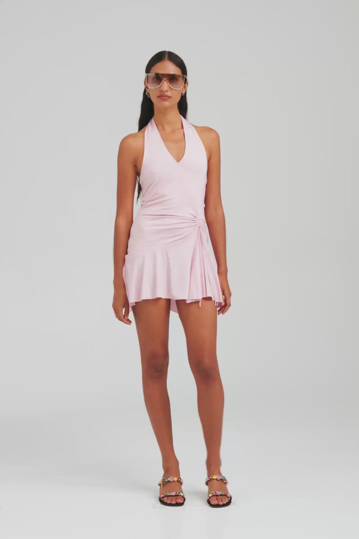 Jersey Handkerchief Halter Mini Dress - Bubblegum Pink [[AU_MEDIA:gid://shopify/Video/27965519331415]]