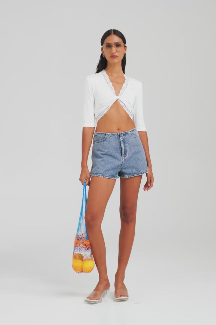 High Rise Denim Short - Mid Indigo [[AU_MEDIA:gid://shopify/Video/27965515399255]]