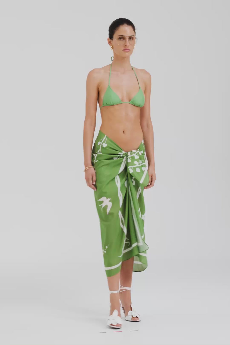 Venroy Silk Cotton Pareo - Ivy Green Stamp Print