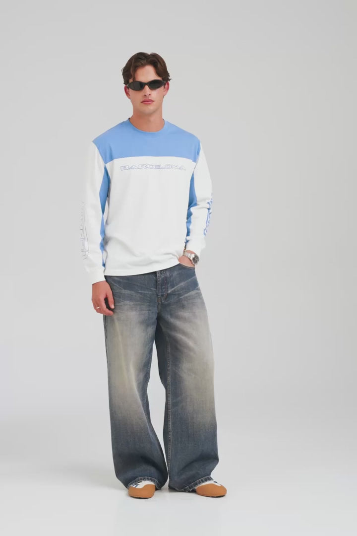 Panelled Long Sleeve T Shirt - White/Blue [[AU_MEDIA:gid://shopify/Video/27767457972311]]