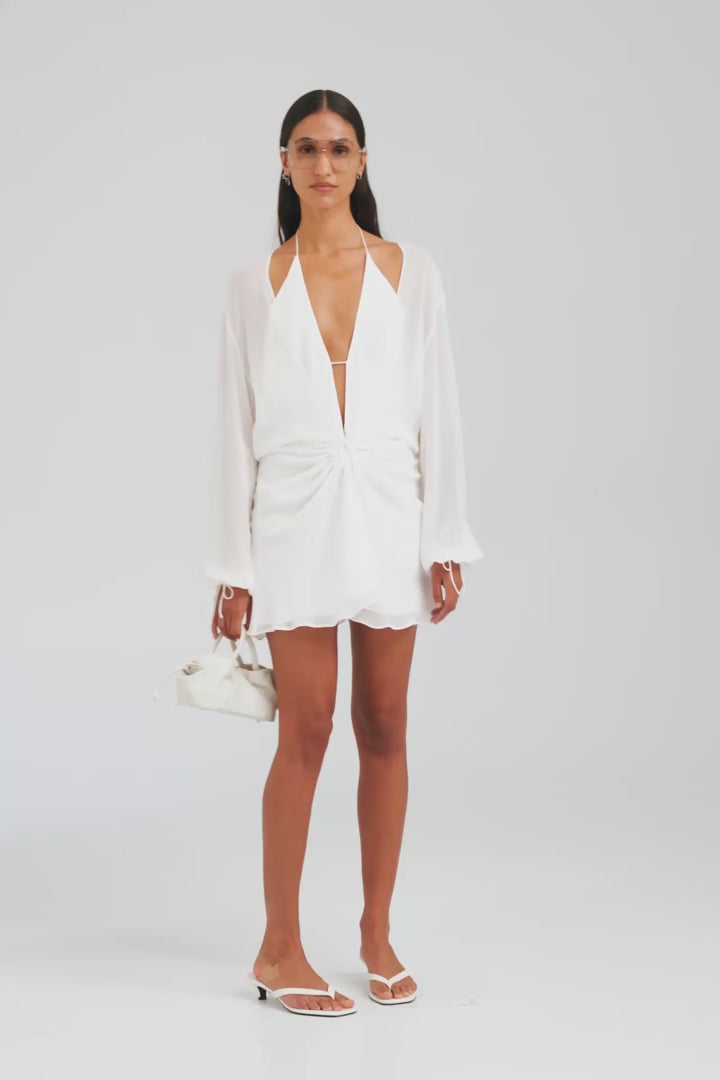 Layered Long Sleeve Silk Mini Dress - White [[AU_MEDIA:gid://shopify/Video/27965522935895]]