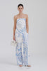Venroy Silk Relaxed Pant - White/Blue Greek Stamp