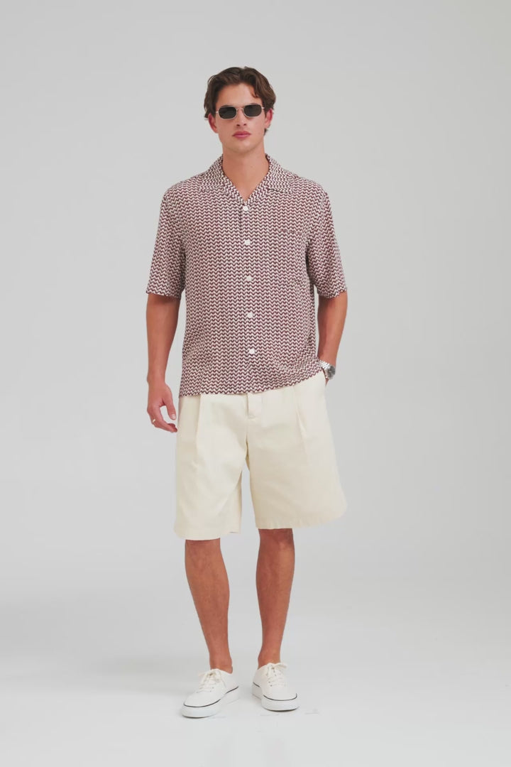 Short Sleeve Silk Camp Collar Shirt - Red/Washed Grey/Cream V Monogram [[AU_MEDIA:gid://shopify/Video/27965309878359]]
