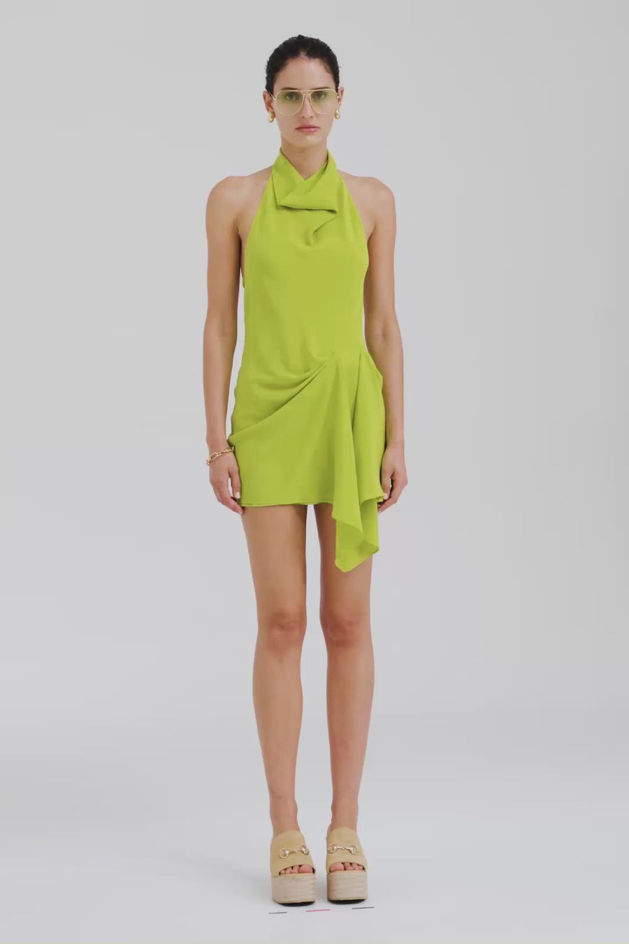 Venroy Draped Silk Halter Mini Dress - Chartreuse