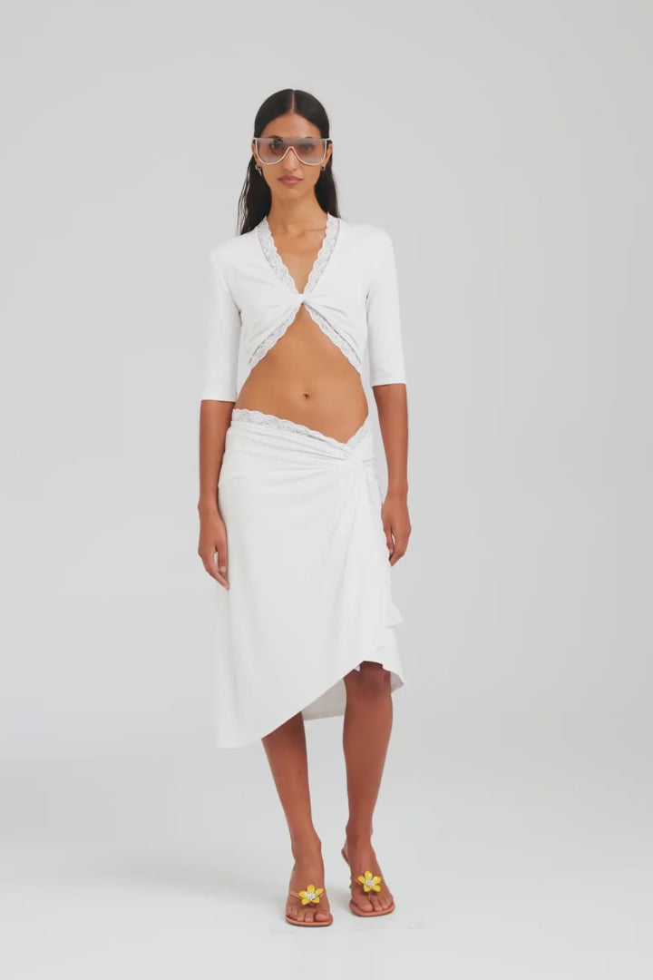 Lace Twist Midi Skirt - White [[AU_MEDIA:gid://shopify/Video/27767412031575]]