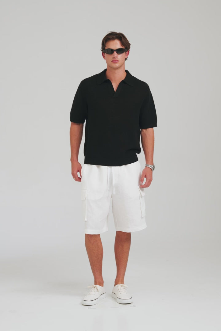 Chunky Crochet Cotton Knit Polo - Black [[AU_MEDIA:gid://shopify/Video/27965675077719]]