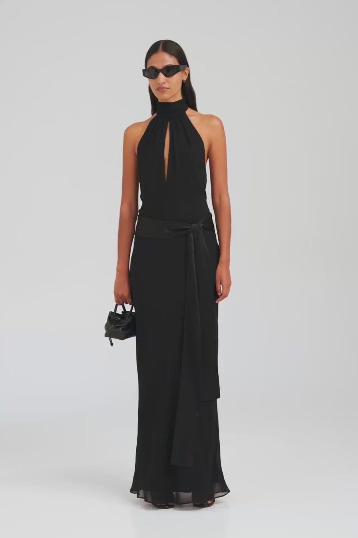 Silk High Neck Sash Dress - Black [[AU_MEDIA:gid://shopify/Video/27965524475991]]