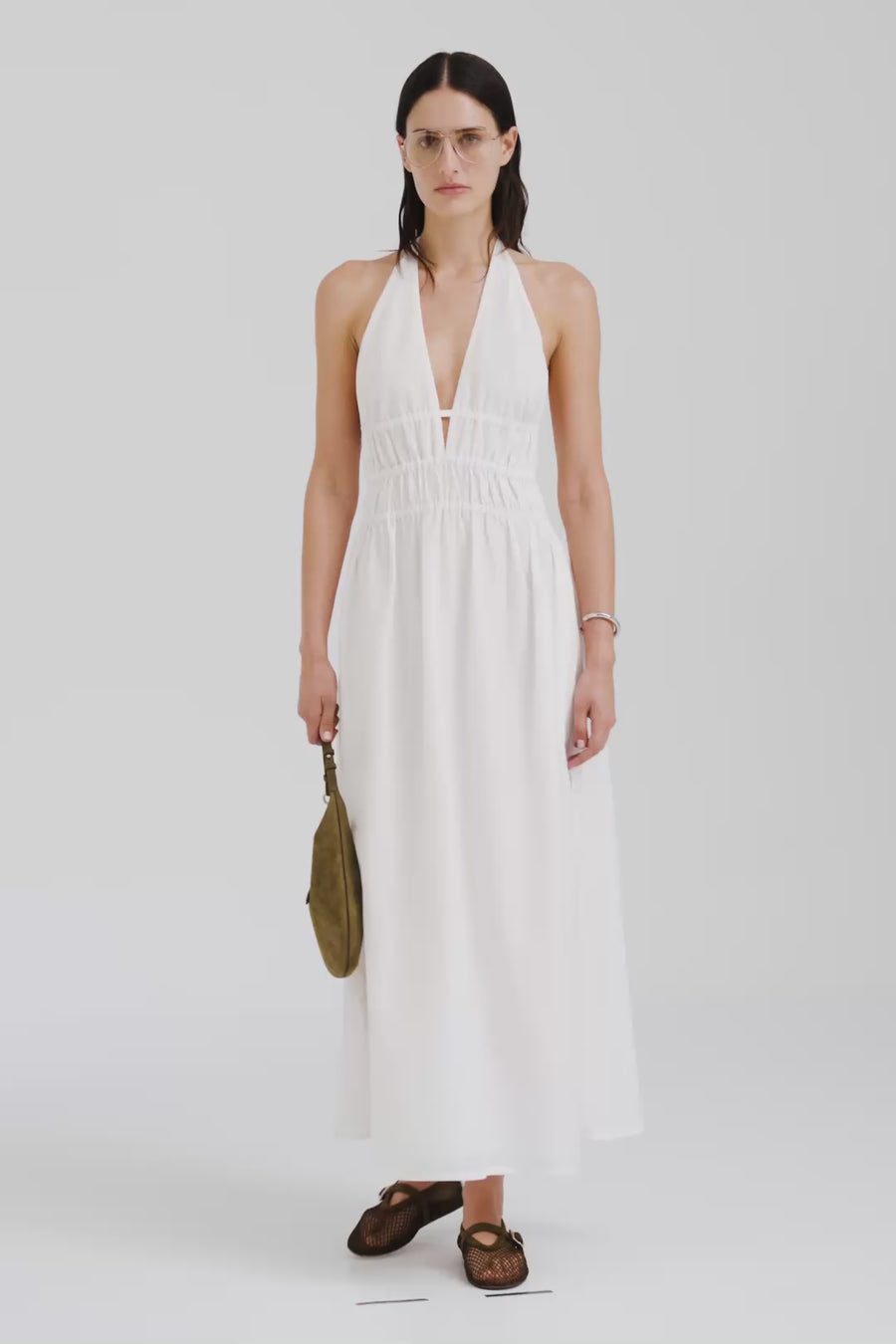 Venroy Silk Cotton Gathered Halter Maxi Dress - White