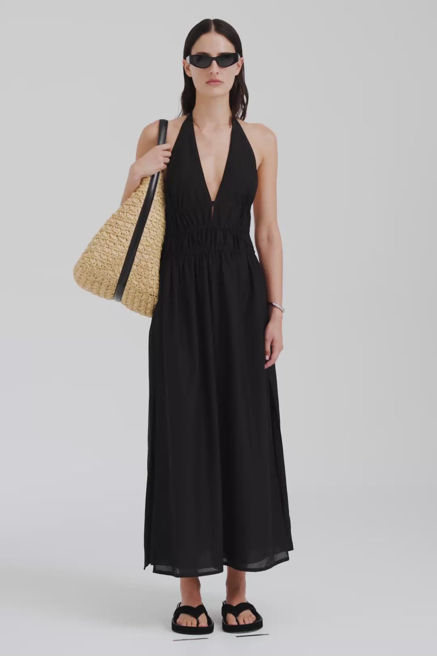 Venroy Silk Cotton Gathered Halter Maxi Dress - Black
