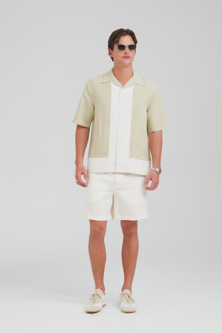 Applique Border Silk Linen Shirt - Stone Green/Cream [[AU_MEDIA:gid://shopify/Video/27767468818519]]