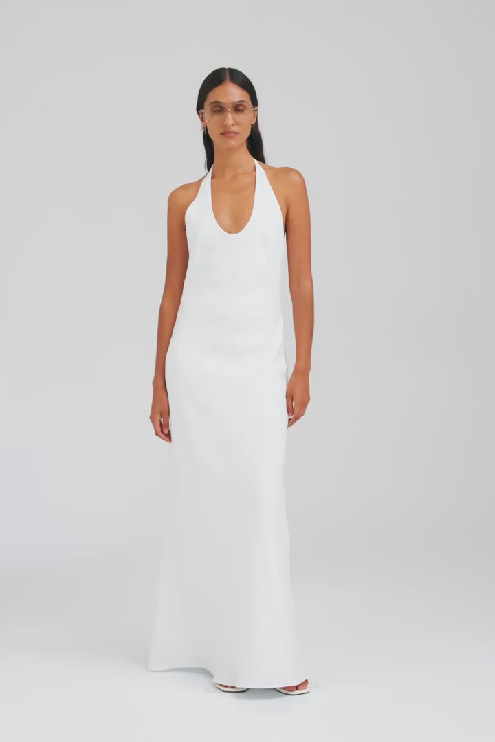 Bias Halter Linen Maxi Dress - White [[AU_MEDIA:gid://shopify/Video/27767322738775]]
