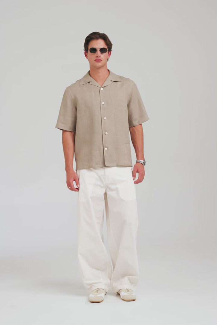 Linen Camp Collar Shirt - Olive Taupe [[AU_MEDIA:gid://shopify/Video/27963400585303]]