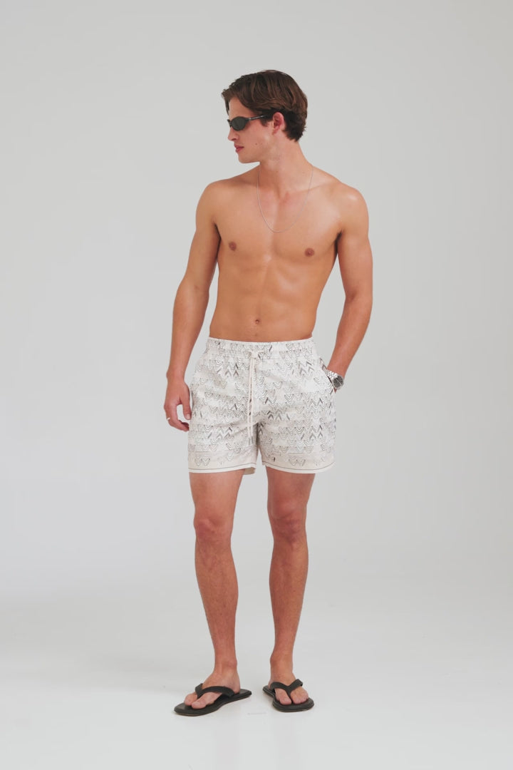 Printed Swim Short - Beige Sketched V Monogram [[AU_MEDIA:gid://shopify/Video/27801635815511]]