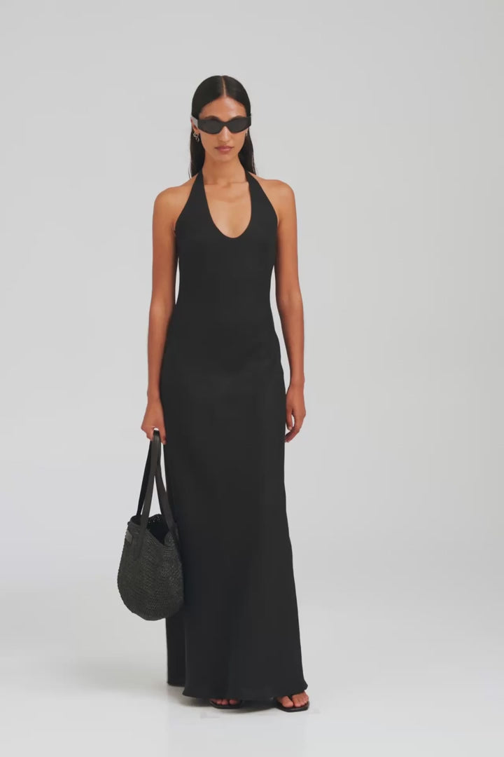 Bias Halter Linen Maxi Dress - Black [[AU_MEDIA:gid://shopify/Video/27767364812887]]