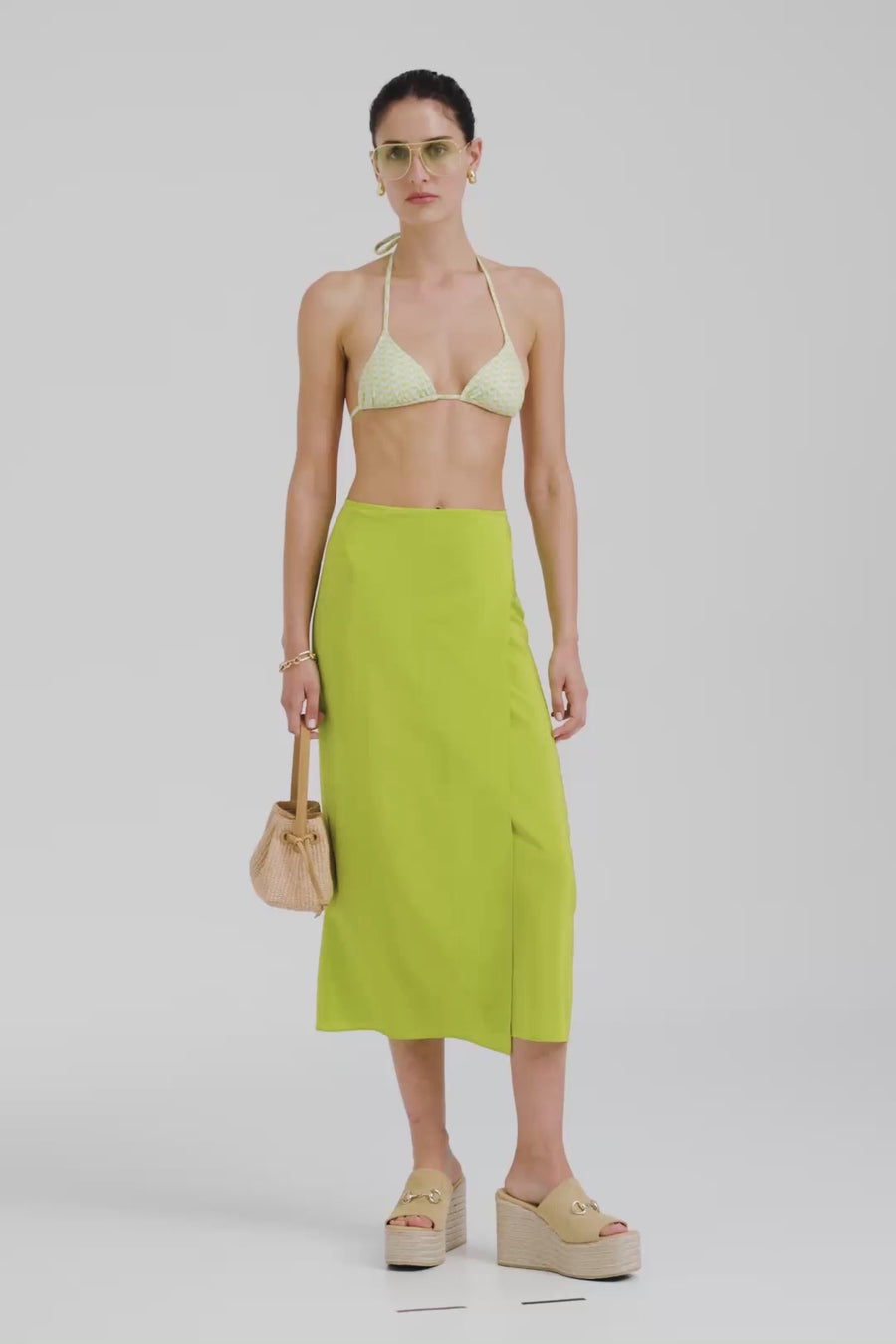 Venroy Silk Wrap Skirt - Chartreuse