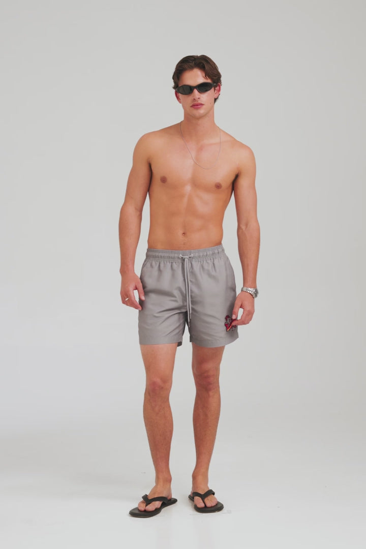 Printed Swim Short - Washed Grey/Barcelona Dragon [[AU_MEDIA:gid://shopify/Video/27801651707991]]