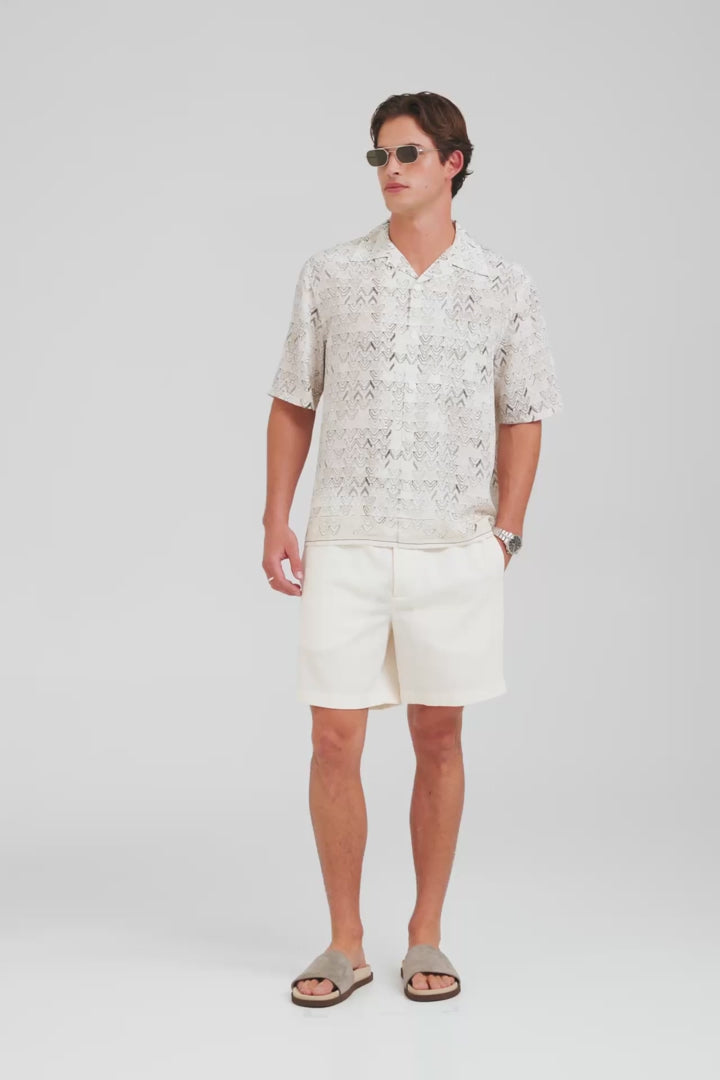 Short Sleeve Silk Camp Collar Shirt - Beige Sketched V Monogram [[AU_MEDIA:gid://shopify/Video/27767460200535]]