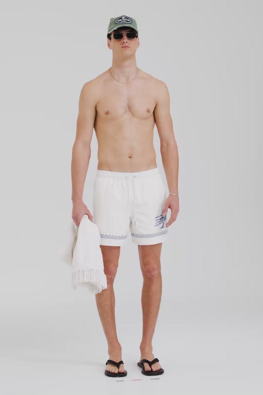 Venroy Embroidered Swim Short - Off White/Bright Blue